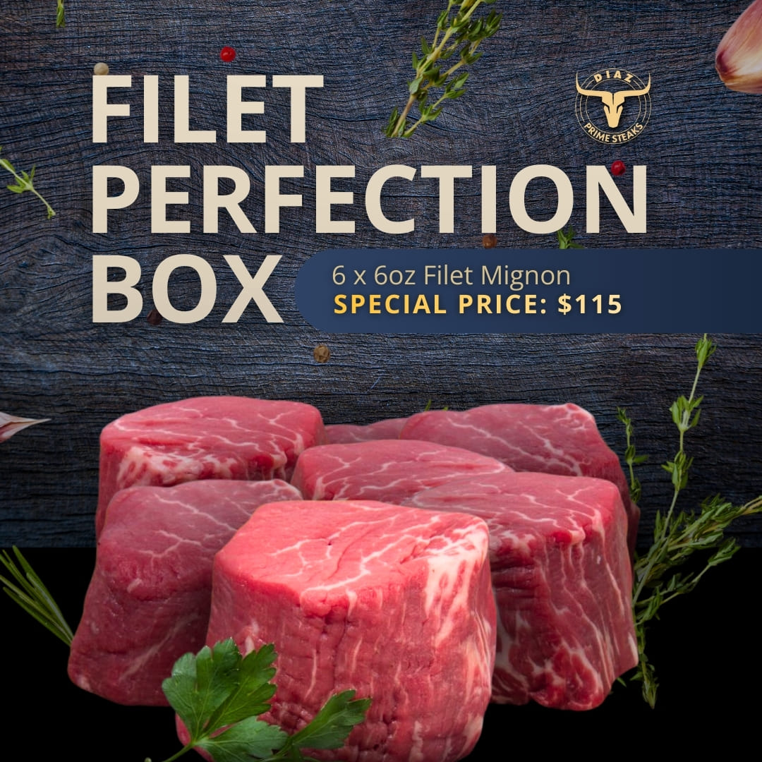 filet perfection box The Filet Perfection Box: Six 6oz USDA Choice Filet Mignon steaks hand-cut by Chicago Butcher
